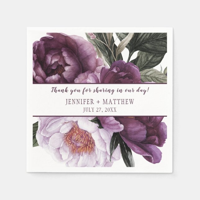 Serviettes Jetables Réception Luscieuse Vibrant Plum Peonies | (Devant)