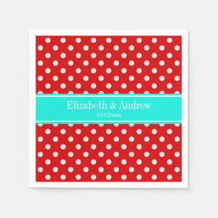 Serviettes Jetables Red White Polka Dots Bright Aqua Nom Monogram