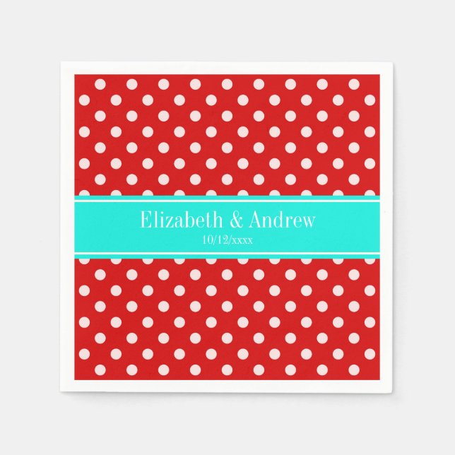 Serviettes Jetables Red White Polka Dots Bright Aqua Nom Monogram (Devant)