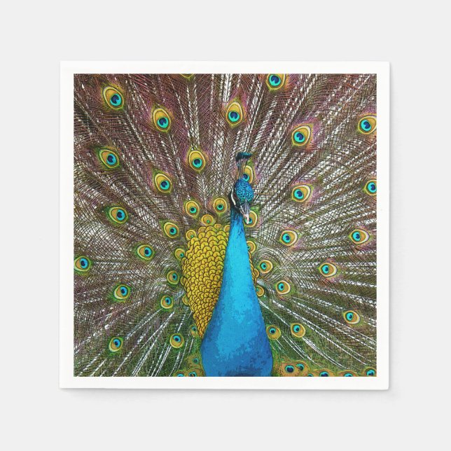 Serviettes Jetables Regal Peacock Bird avec Turquoise et Gold Plumage (Devant)