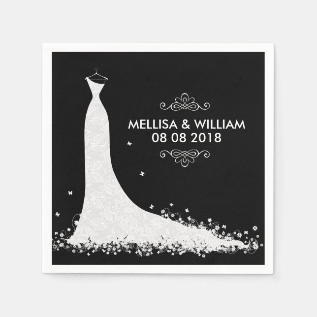 Serviettes Jetables Robe Mariage blanche et Arrière - plan noir (Devant)