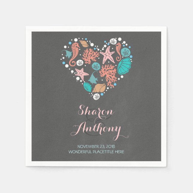 Serviettes Jetables Romantique Beach Heart Mariage Papier Napkins (Devant)