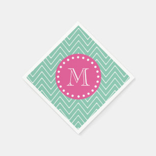 Serviettes Jetables Rose Chaud, Chevron Vert Menthe   Votre monogramme