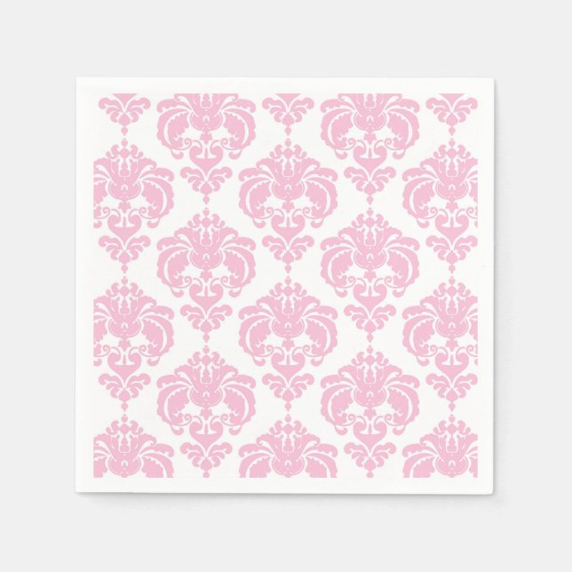 Serviettes Jetables Rose Clair Et Blanc Damask Chic Élégant Fête (Devant)