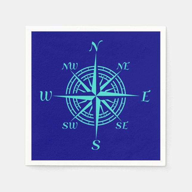 Serviettes Jetables Rose de boussole Turquoise sur bleu marine (Devant)