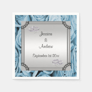 Serviettes Jetables Roses Bleues & Anneaux de Mariage Diamants