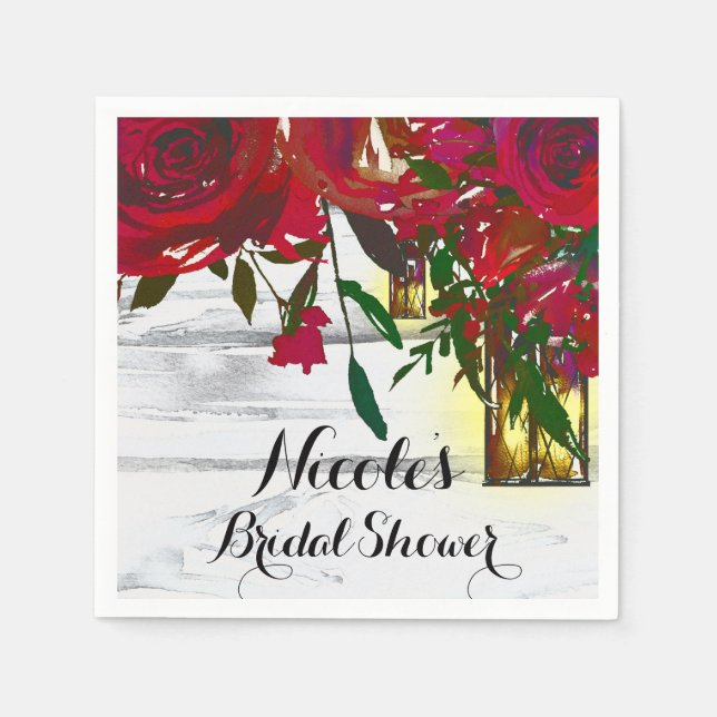 Serviettes Jetables Roses d'aquarelle rouge romantique et Mariage de l (Devant)