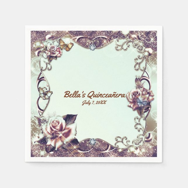 Serviettes Jetables Roses & Papillons Bronze Quinceañera Party (Devant)
