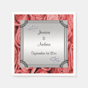 Serviettes Jetables Roses Rouges & Anneaux de Mariage en Diamant
