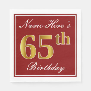 Serviettes Jetables Rouge élégant, Faux Gold 65e anniversaire + Nom pe