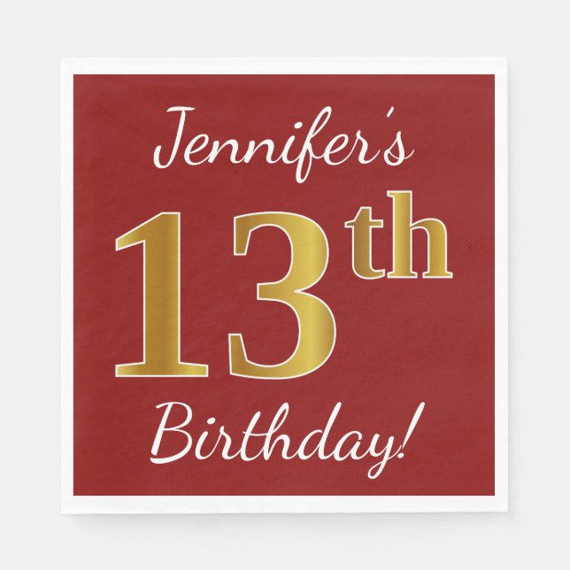Serviettes Jetables Rouge, Faux Gold 13e anniversaire + Nom personnali (Devant)