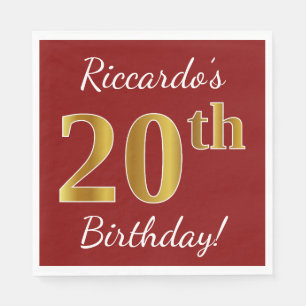 Serviettes Jetables Rouge, Faux Gold 20e anniversaire + Nom personnali