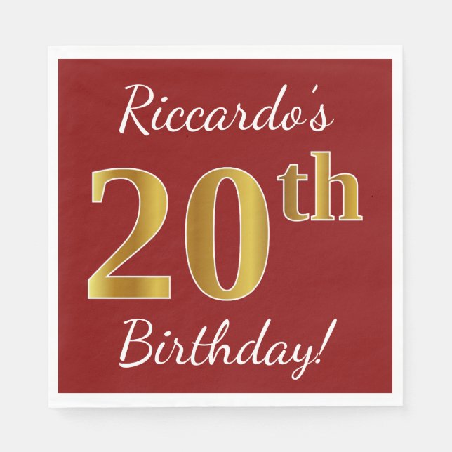 Serviettes Jetables Rouge, Faux Gold 20e anniversaire + Nom personnali (Devant)