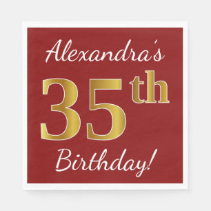Serviettes Jetables Rouge, Faux Gold 35e anniversaire + Nom personnali