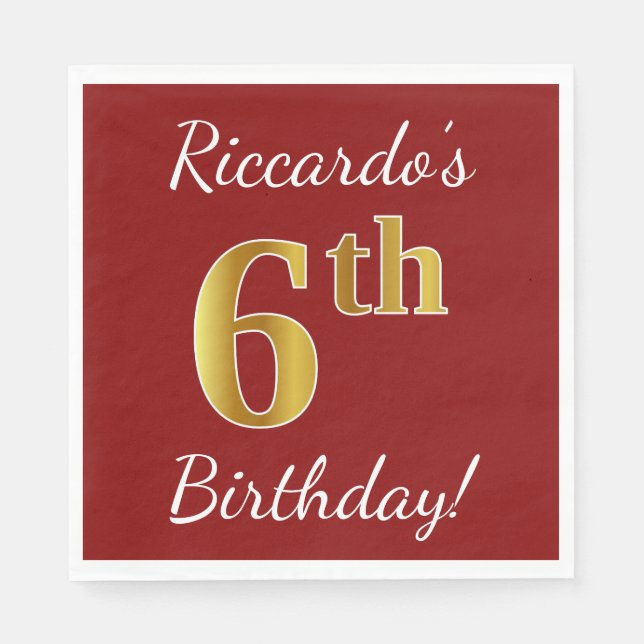 Serviettes Jetables Rouge, Faux Gold 6e anniversaire + Nom personnalis (Devant)