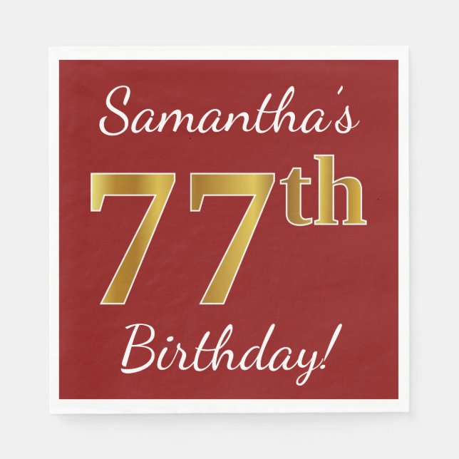 Serviettes Jetables Rouge, Faux Gold 77e anniversaire + Nom personnali (Devant)