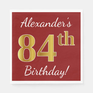 Serviettes Jetables Rouge, Faux Gold 84e anniversaire + Nom personnali