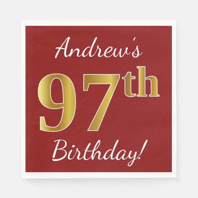 Serviettes Jetables Rouge, Faux Gold 97e anniversaire + Nom personnali (Devant)