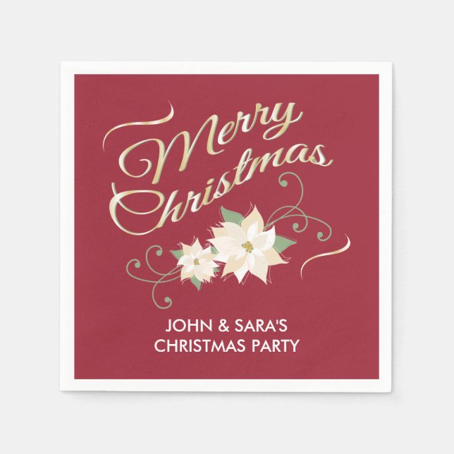 Serviettes Jetables Rouge & Or Joyeux Noël & Poinsettias Blanches (Devant)