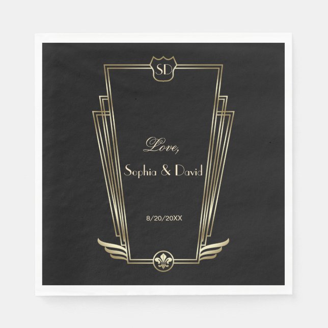 Serviettes Jetables Royal Gold Art Deco Monogram Mariage (Devant)