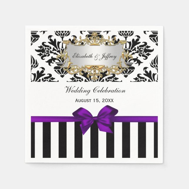Serviettes Jetables Ruban violet noir blanc en bande Damask (Devant)