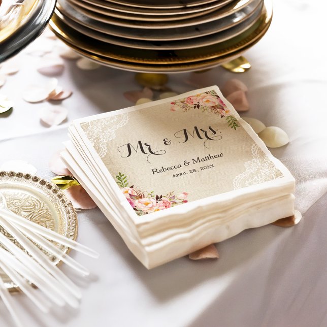 Serviettes Jetables Rustic Burlap Lace Floral M. et Mme Mariage (Créateur téléchargé)