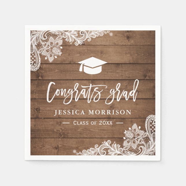 Serviettes Jetables Rustic Wood Lace Félicitations Grad Grad Grad Grad (Devant)