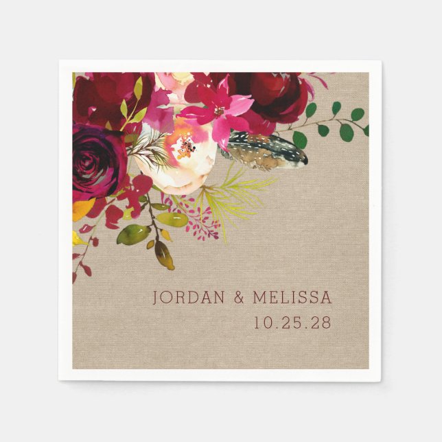 Serviettes Jetables Rustique Burlap Bourgogne mariage Floral serviette (Devant)