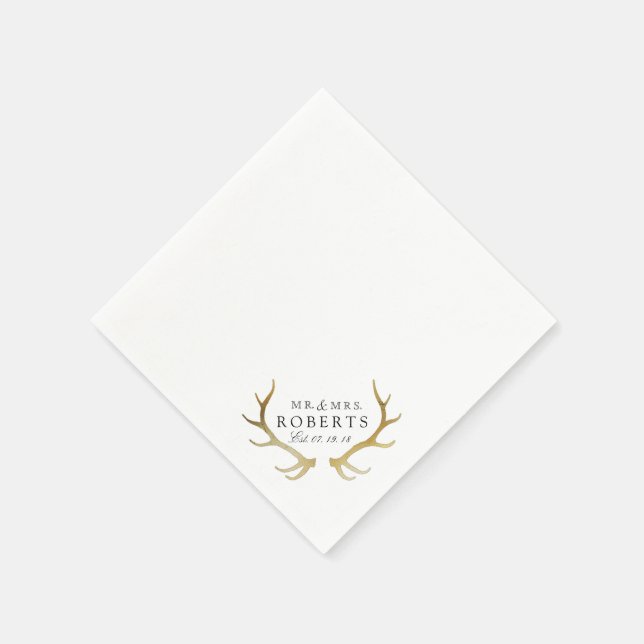 Serviettes Jetables Rustique & Élégant Cerf Or | Mariage Nom Personnal (Coin)
