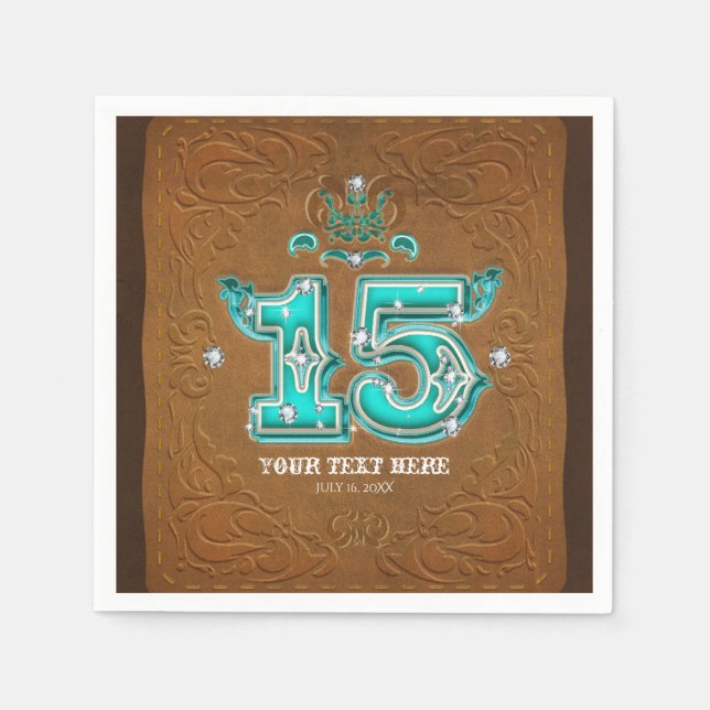 Serviettes Jetables Rustique occidental Cuir Brown Look & Diamants 15 (Devant)