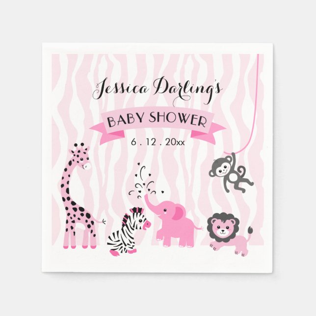 Serviettes Jetables Safari rose Jungle Animaux Baby Girl Douche Napkin (Devant)
