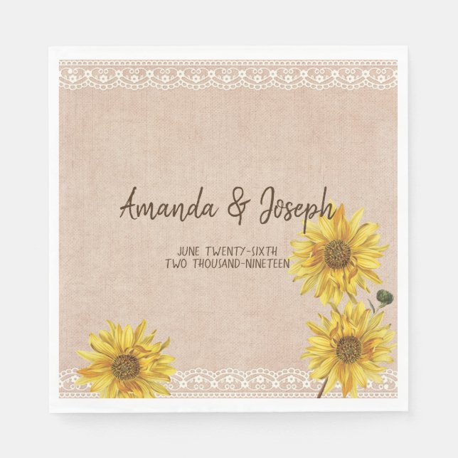 Serviettes Jetables Serviettes de Mariage de fleurs de soleil en dente (Devant)