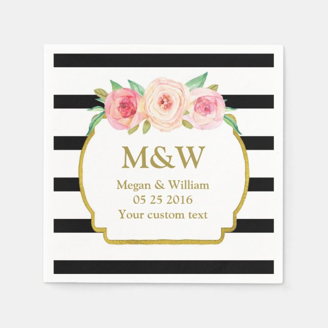 Serviettes Jetables Serviettes de Mariage de fleurs rose or noir (Devant)