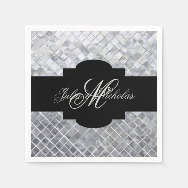 Serviettes Jetables Serviettes du 25e anniversaire Monogramme Noir et  (Devant)