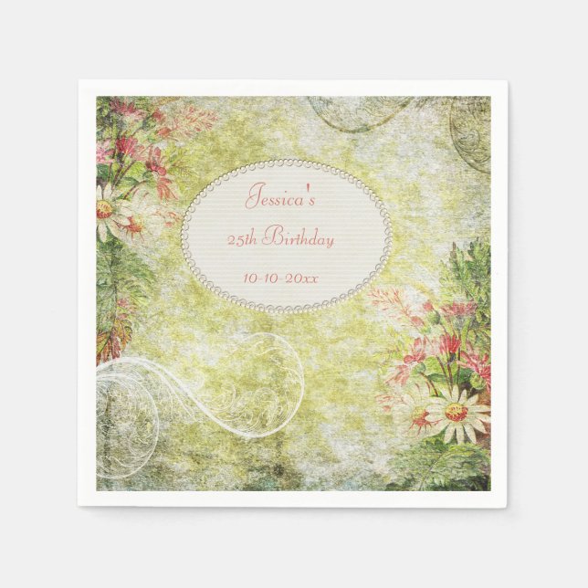 Serviettes Jetables Shabby Chic Sweet 25e anniversaire & Fleur sauvage (Devant)