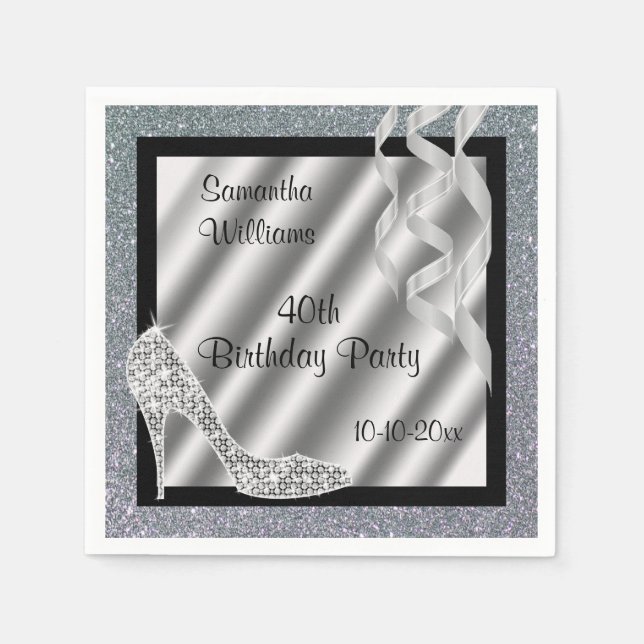 Serviettes Jetables Silver Glittery Stiletto & Streamers 40e anniversa (Devant)