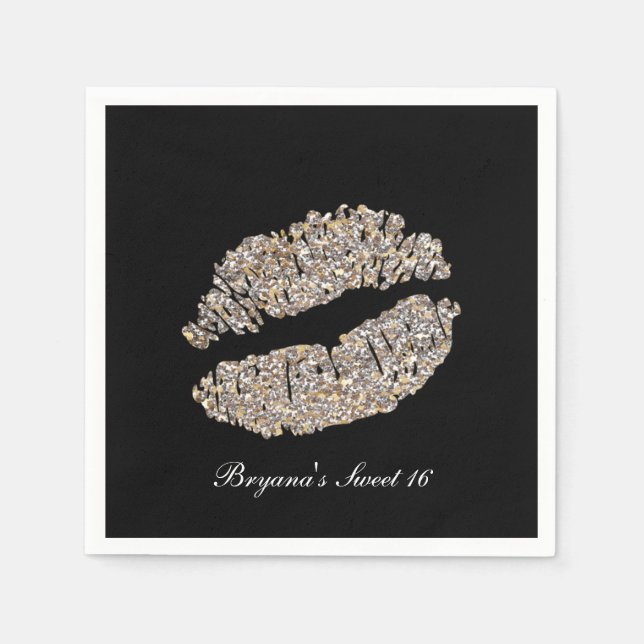 Serviettes Jetables Silver Gold Lips Faux Sparkle Kiss Beauty Maquilla (Devant)