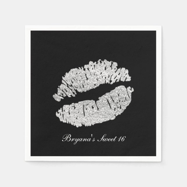 Serviettes Jetables Silver Lips Faux Sparkle Kiss Beauty Makeup Party (Devant)