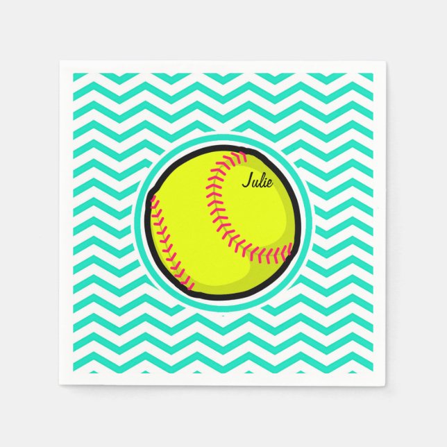 Serviettes Jetables Softball ; Aqua Green Chevron (Devant)
