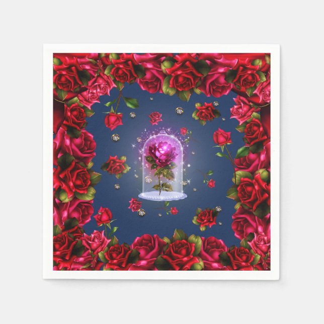 Serviettes Jetables Soirée élégante Enchanted Red Rose & Diamond Bling (Devant)