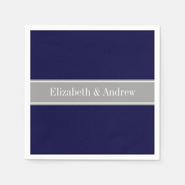 Serviettes Jetables Solid Navy Blue, Dark Gray Ribbon Nom Monogram (Devant)