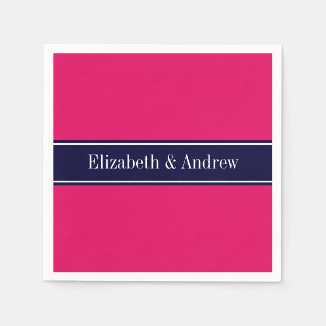 Serviettes Jetables Solid Raspberry, Navy Blue Ribbon Nom monogram (Devant)