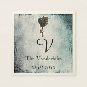 Serviettes Jetables Steampunk Coeur Turquoise Monogramme Mariage Napki