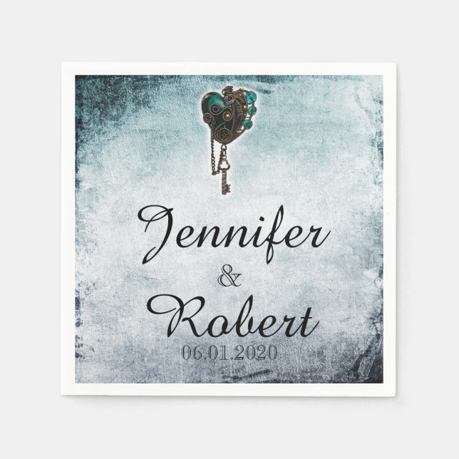 Serviettes Jetables Steampunk Turquoise Mariage de coeur Napkin (Devant)