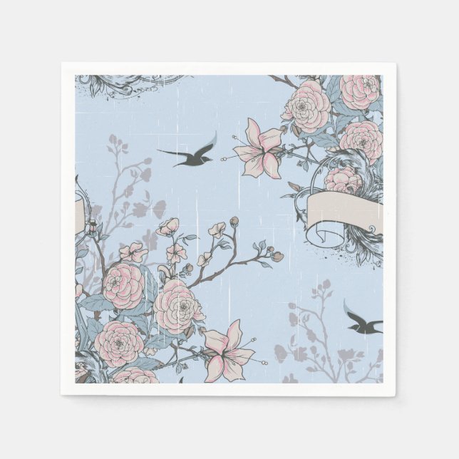 Serviettes Jetables Style asiatique Pastel Pink Lys et Roses sur Blue (Devant)