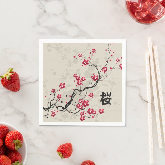 Serviettes Jetables Style oriental Sakura Cherry Blossom Art (En situation)