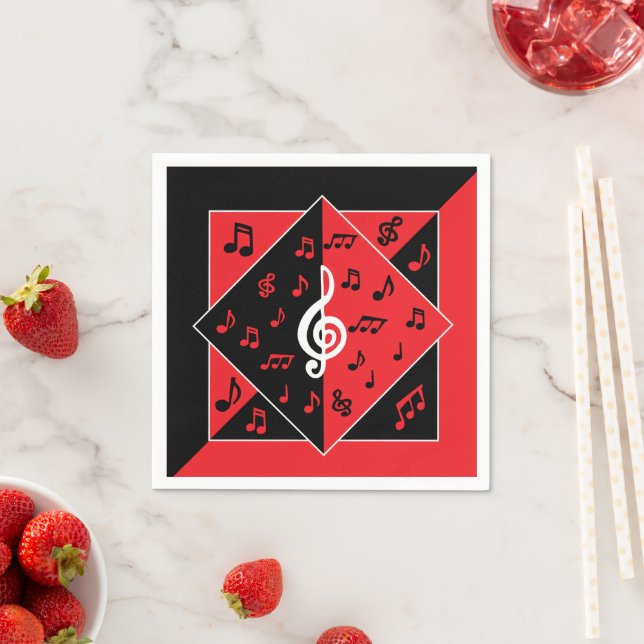 Serviettes Jetables Stylish Art déco Music Notes Red White (En situation)