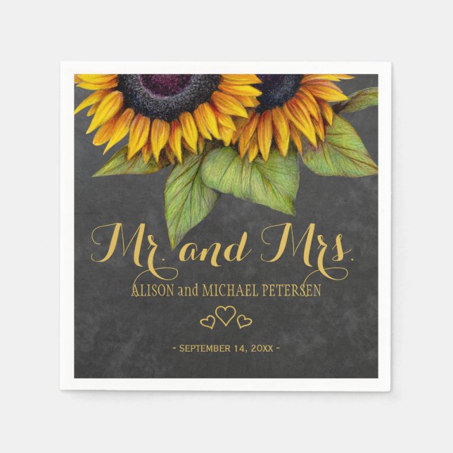 Serviettes Jetables Sunflowers chalkboard mr et mrs script mariage (Devant)