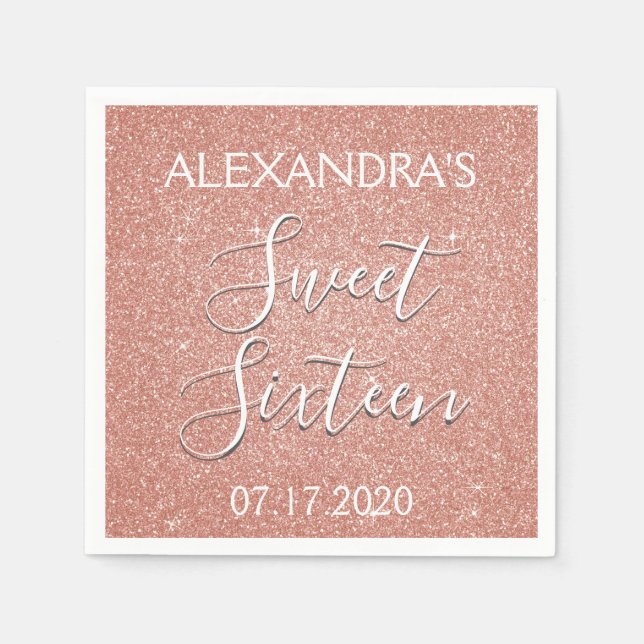 Serviettes Jetables Sweet 16 Anniversaire Rose Gold Blush Parties scin (Devant)