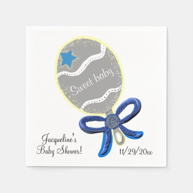 Serviettes Jetables Sweet Baby Boy Rattle Blue Bow Baby shower (Devant)